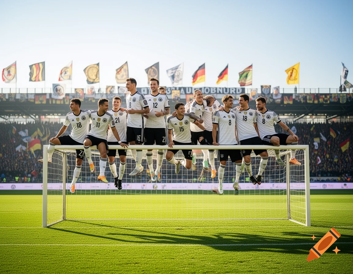 German football team players in white jerseys sitting on a goalpost on a sunny day in a stadium with flags.