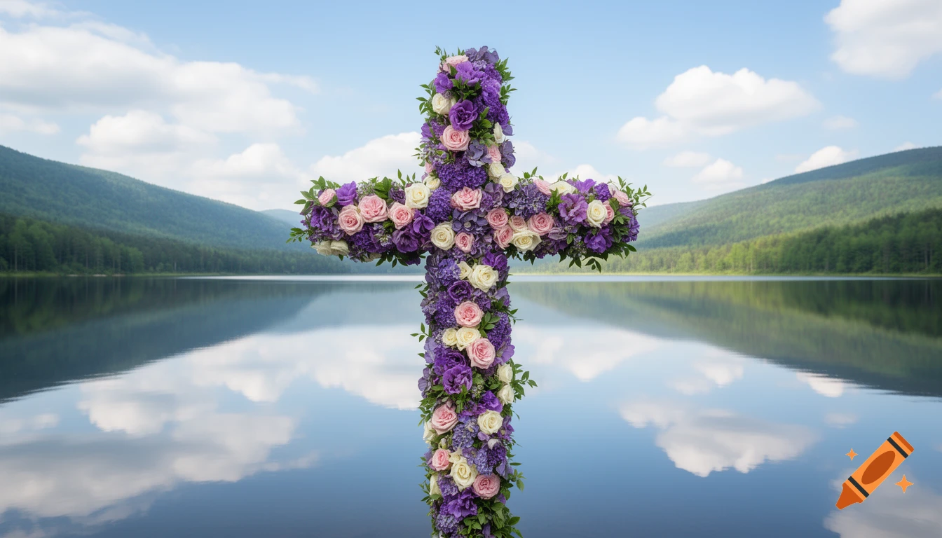 A large cross made of purple, pink, and white flowers stands in a calm lake, reflecting the blue sky and green mountains.