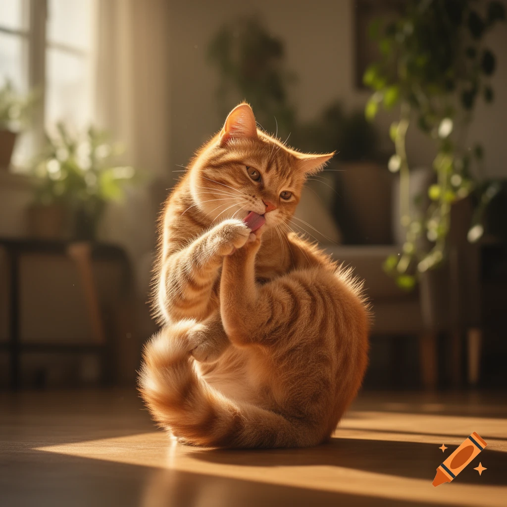 An orange tabby cat sitting on a wooden floor, licking its paw in warm sunlight, with blurred green plants in the background.