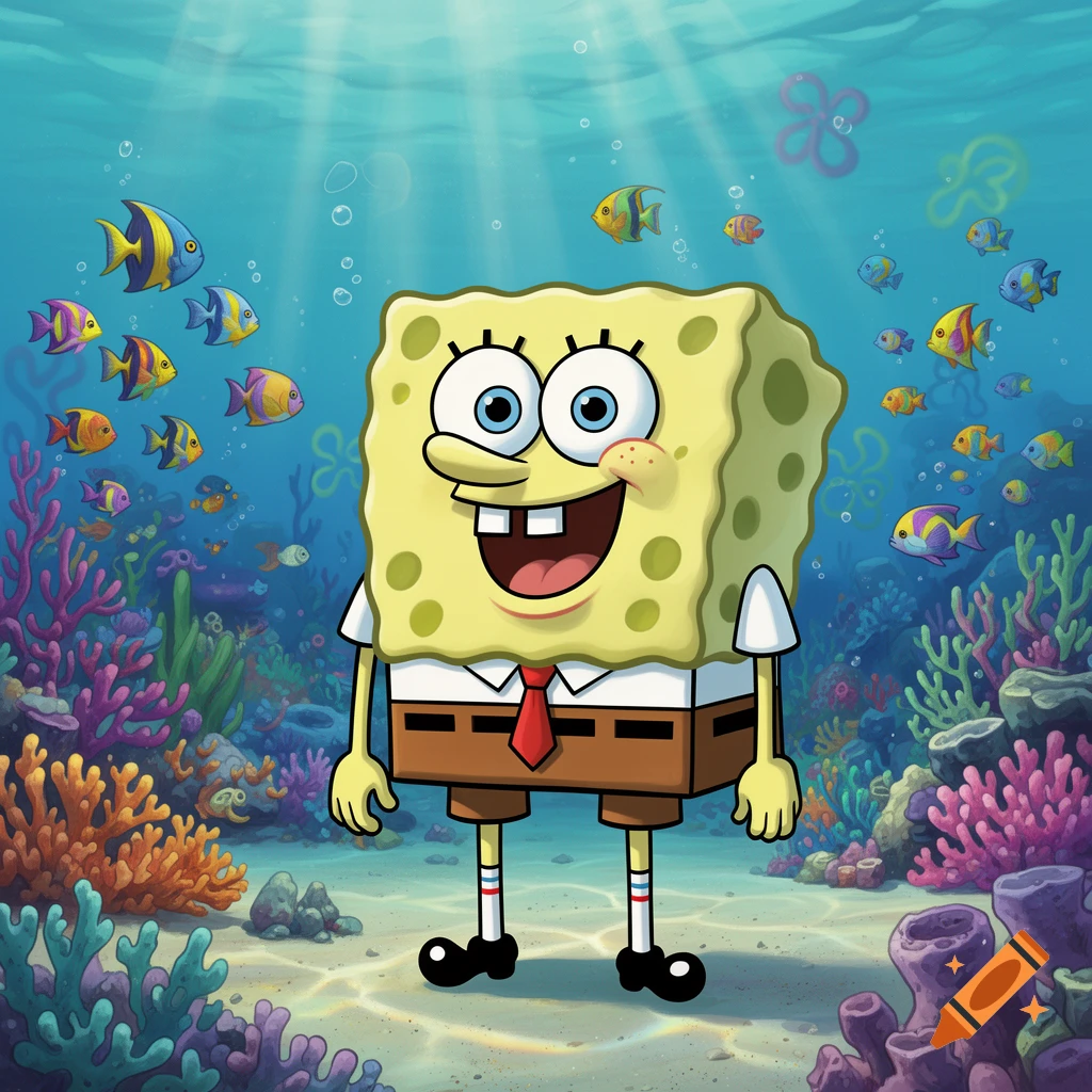 Spongebob Squarepants smiling underwater, surrounded by colorful coral and fish in a vibrant cartoon style.