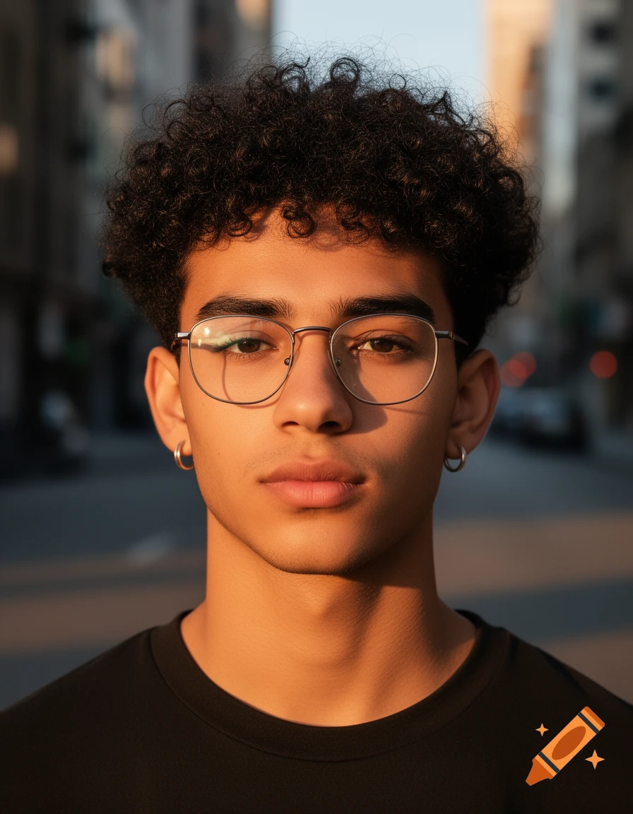 Close-up portrait of a young man with curly black hair, glasses, and an earring, bathed in warm golden hour light on an urban street.