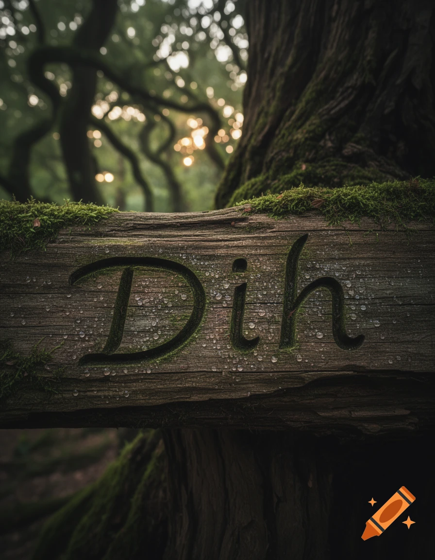Close-up of a weathered wooden sign with "Dih" carved into it, covered in water droplets and moss, set against a blurry forest background with sunlight filtering through trees.