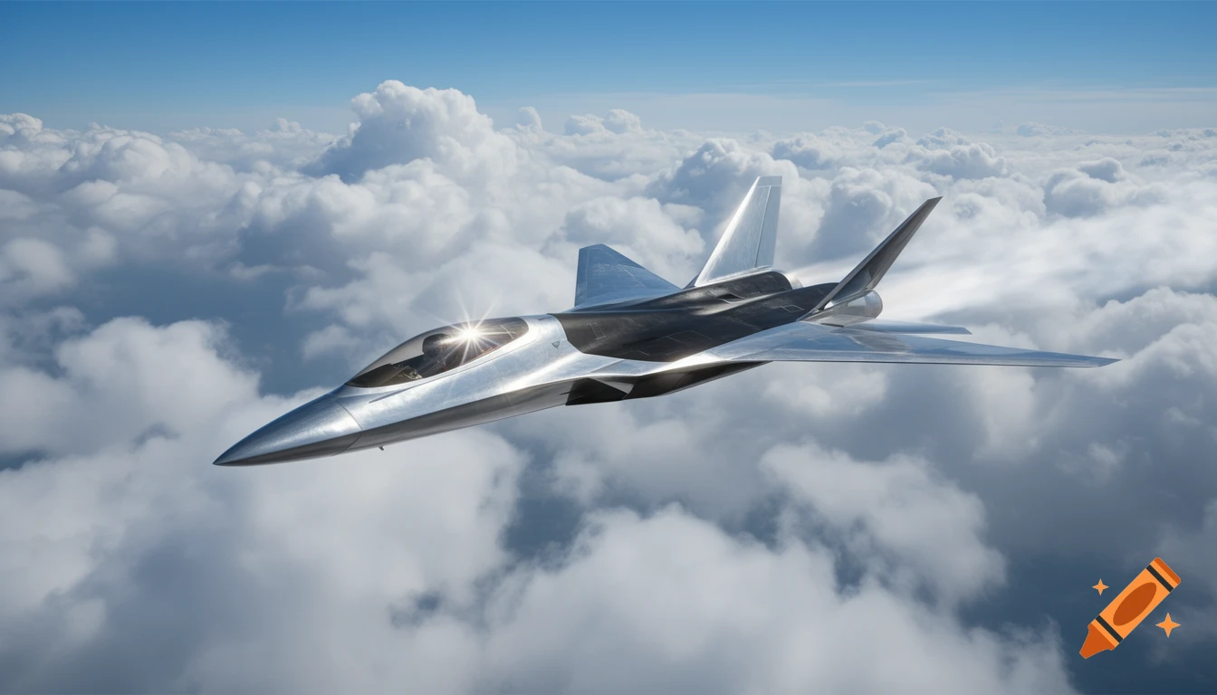 A sleek, silver and black futuristic jet flies through fluffy white clouds under a clear blue sky.