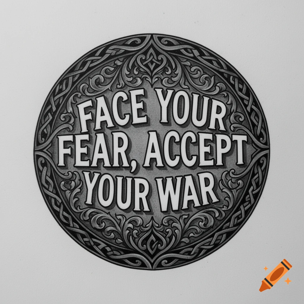 A black and white circular design with intricate Celtic knotwork surrounding the bold text 'FACE YOUR FEAR, ACCEPT YOUR WAR'.