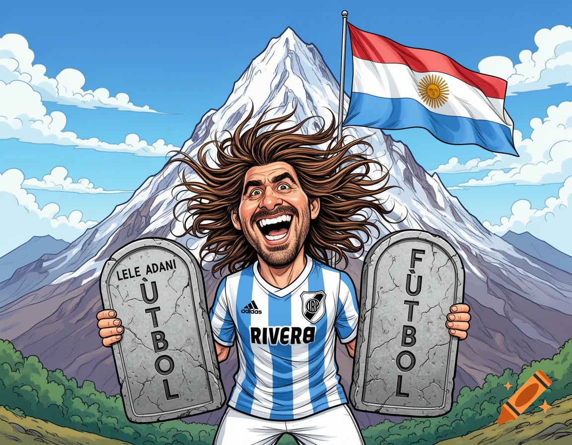 Comic book style caricature of Lele Adani in a River Plate jersey, with wild hair and an ecstatic face, holding two stone tablets engraved with 'FÚTBOL' and 'LELE ADANI'. Behind him is Mount Aconcagua with an Argentinian flag on its peak, under a blue sky.