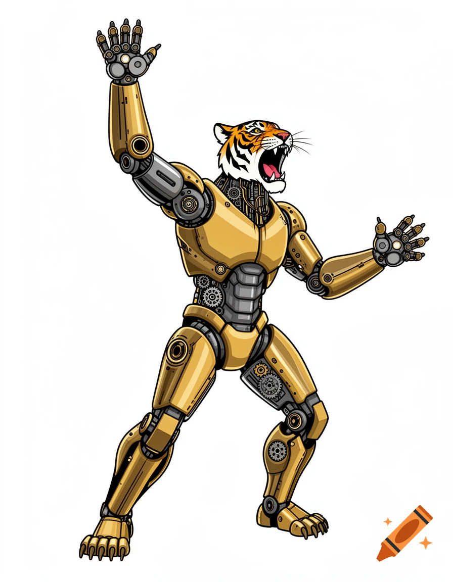 A 2D vector clipart illustration of a roaring mechanical tiger robot in metallic gold and grey, rearing up with arms raised.