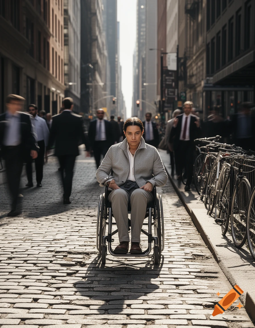 A person in a wheelchair on a cobblestone city street, with blurred pedestrians and tall buildings in the background.