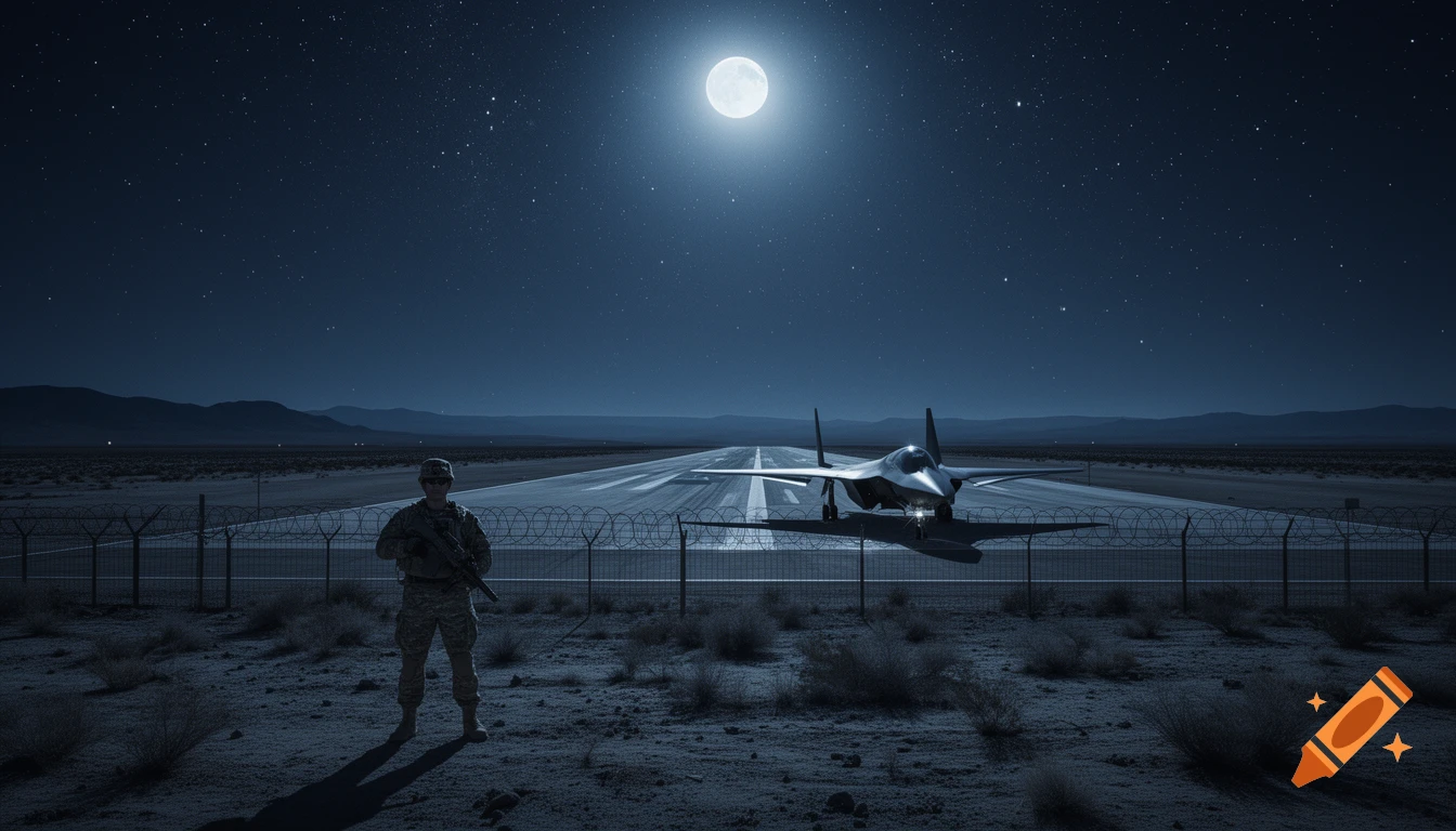 A soldier stands guard on a moonlit night at a desert airfield with a stealth jet on the runway, distant mountains under a starry sky.