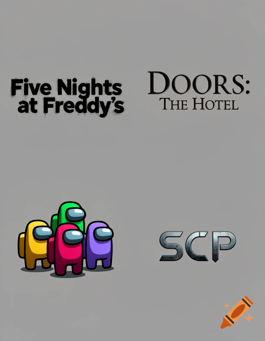 Logos for Five Nights at Freddy's, DOORS: THE HOTEL, and SCP with four colorful Among Us characters.