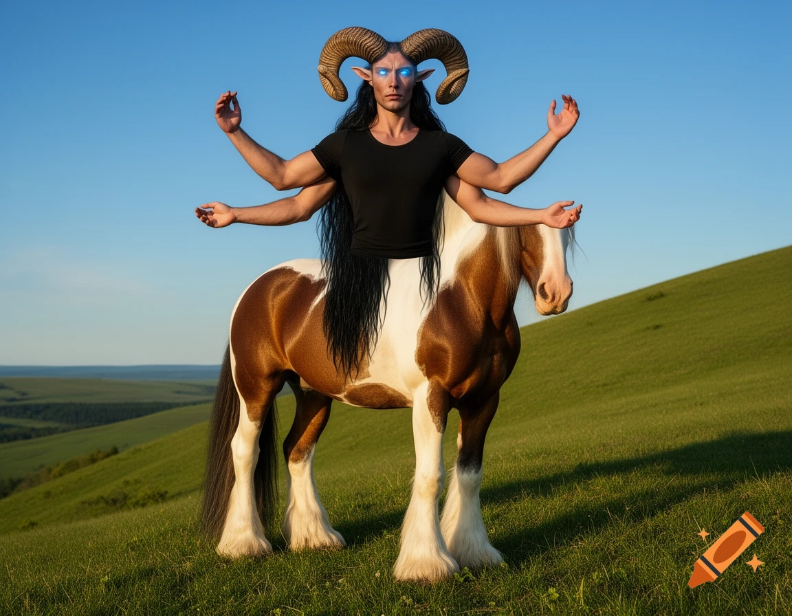 A photorealistic four-armed, ram-horned centaur with a black shirt and glowing blue eyes stands in a grassy field.