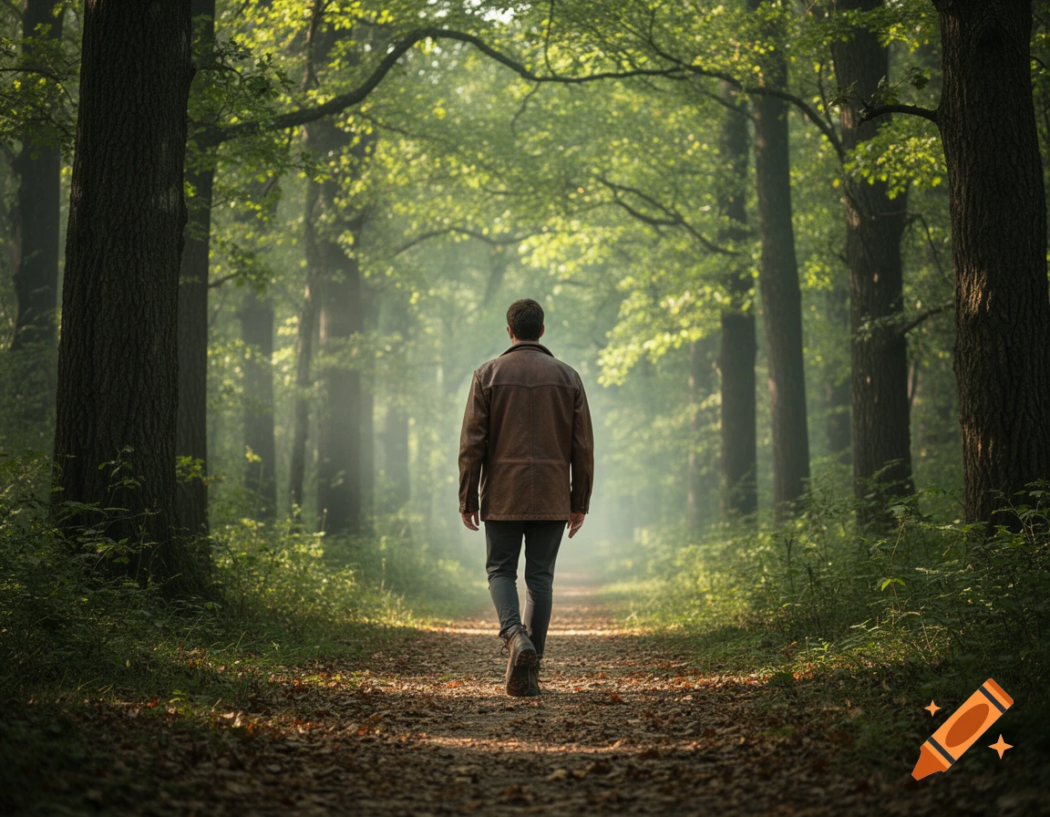 A man in a brown jacket walks away from the viewer on a path through a sun-dappled green forest.