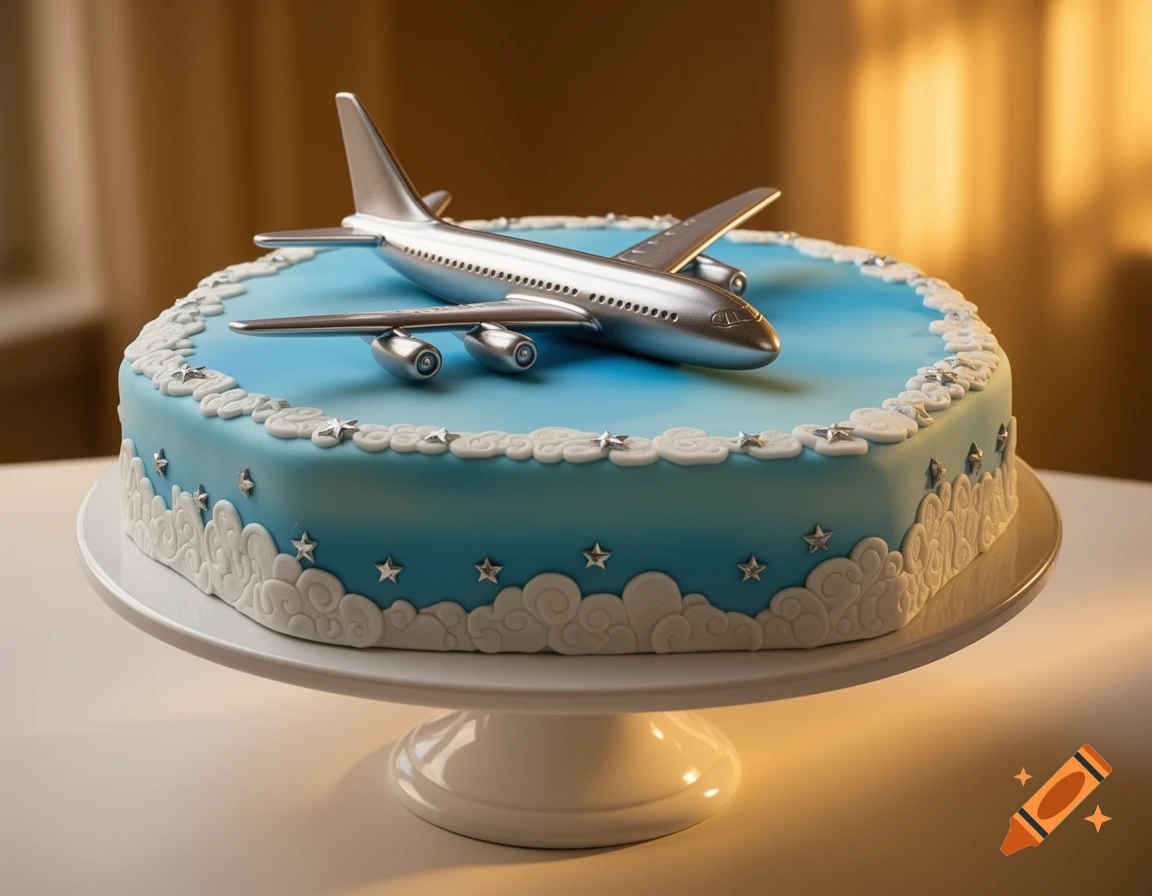 A rectangular blue cake decorated with white clouds, silver stars, and a silver model airplane on top, presented on a white cake stand.