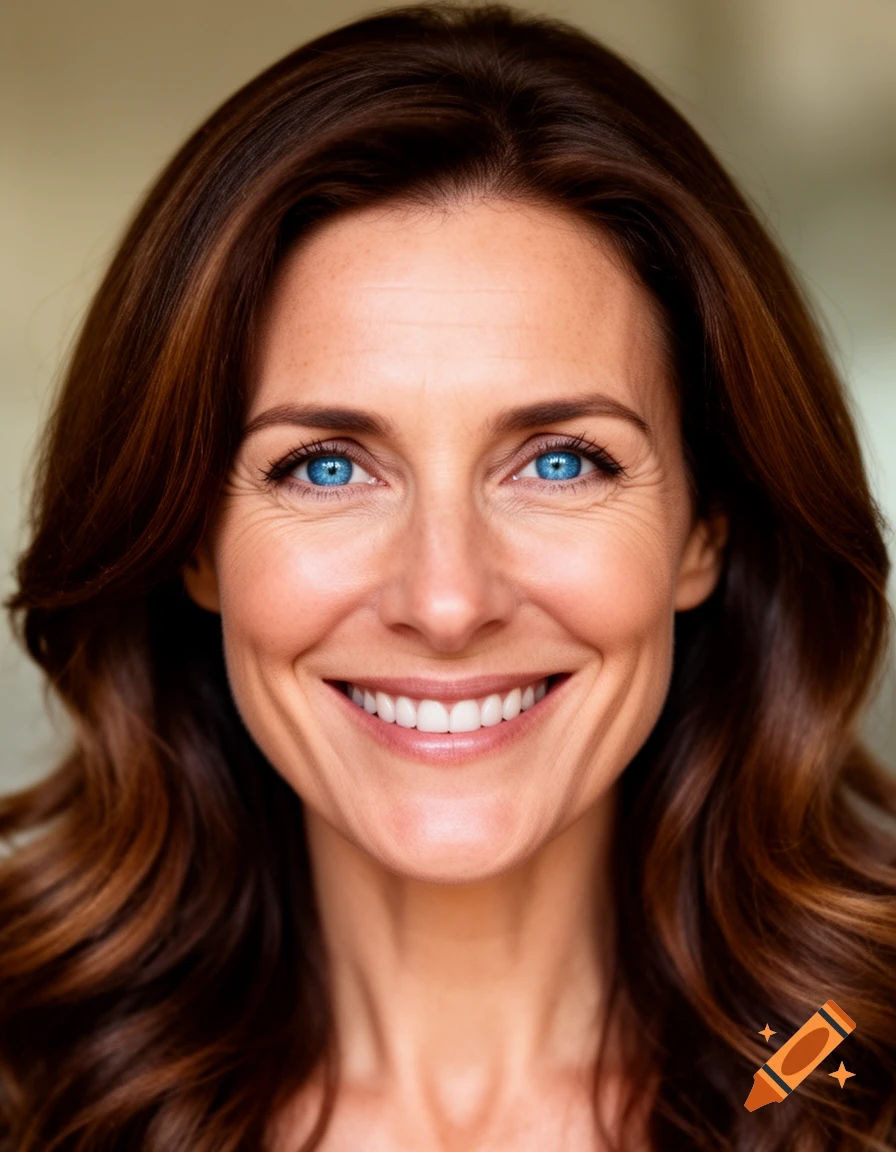 Close-up portrait of a smiling woman in her 40s with brown hair and bright blue eyes, photorealistic style.
