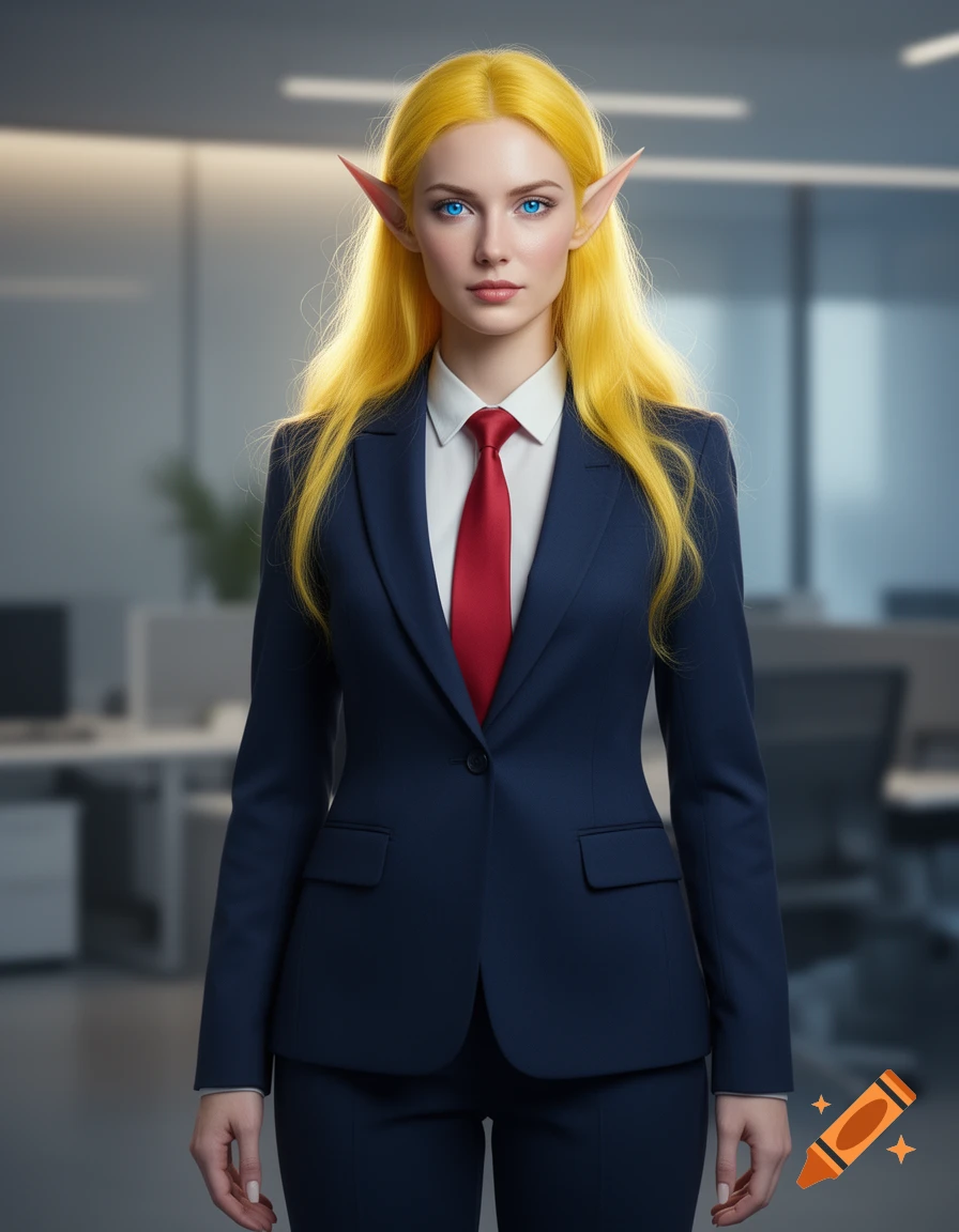 Photorealistic portrait of an elf woman with yellow hair and blue eyes, wearing a navy business suit and red tie in an office.