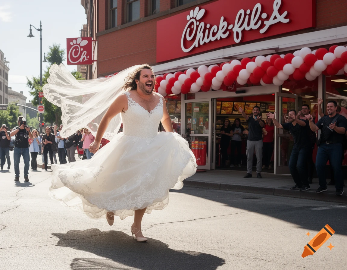 A man resembling Jack Black or Steve, with a beard and long hair, happily runs in a white wedding dress and veil on a street outside a Chick-fil-A restaurant, with people cheering in the background.