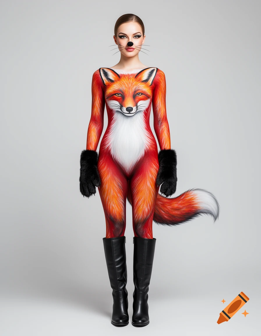 A woman in intricate fox bodypaint, black furry gloves, and black leather boots stands against a grey background.