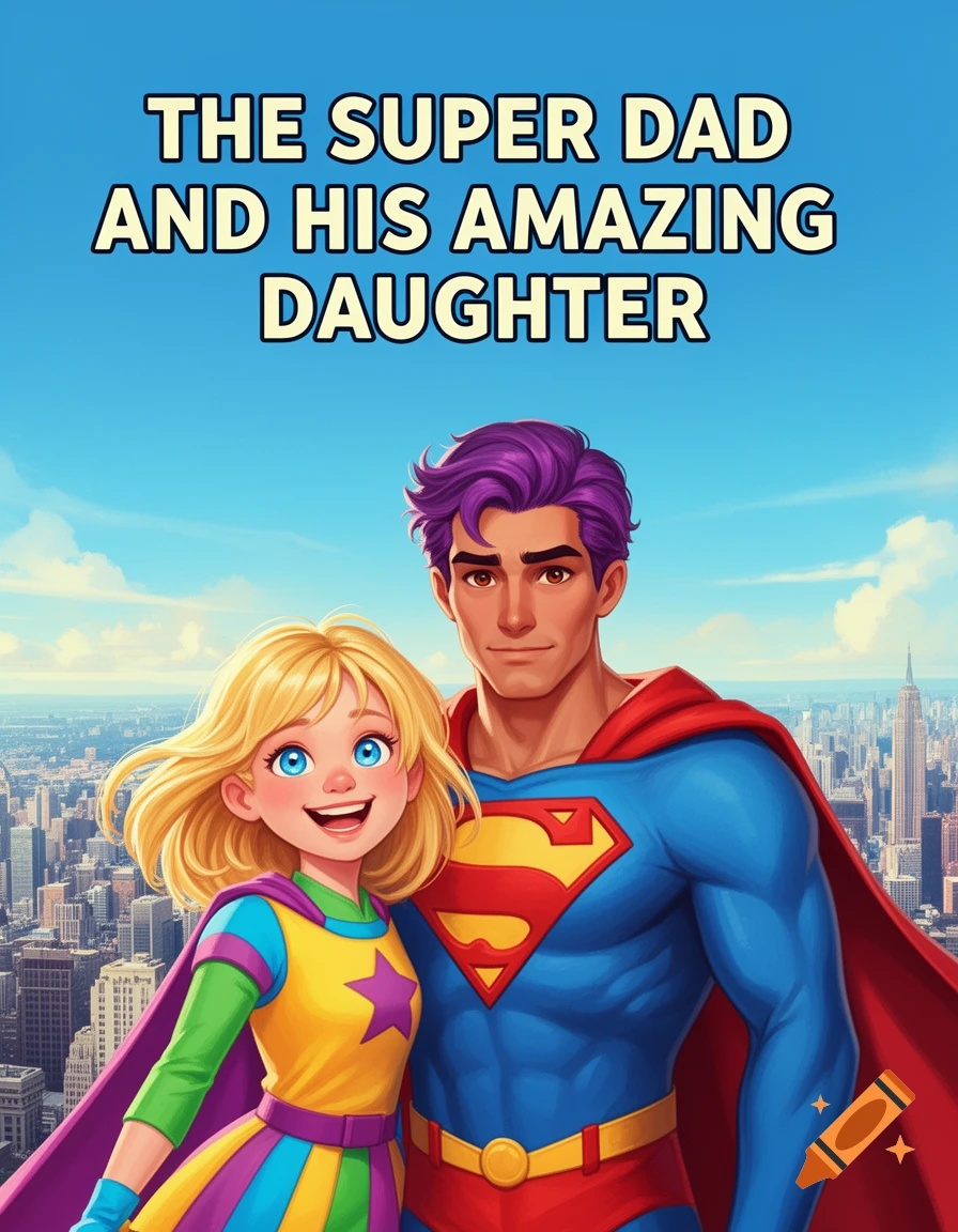 A cartoon superhero dad with purple hair and his blonde daughter in superhero costumes pose in front of a city skyline. The title 'THE SUPER DAD AND HIS AMAZING DAUGHTER' is at the top.
