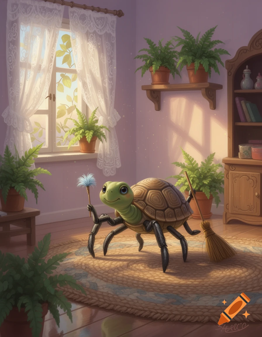 A cute, green turtle with a spider's body and eight black legs holds a feather duster and a broom in a sunlit room with potted ferns.