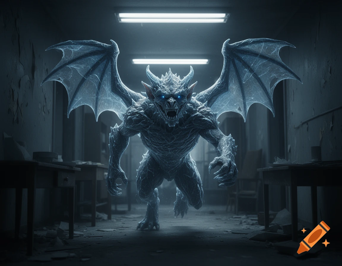 An ice-blue, gargoyle-like monster with glowing blue eyes and large wings lunges forward in a dimly lit, ruined room.