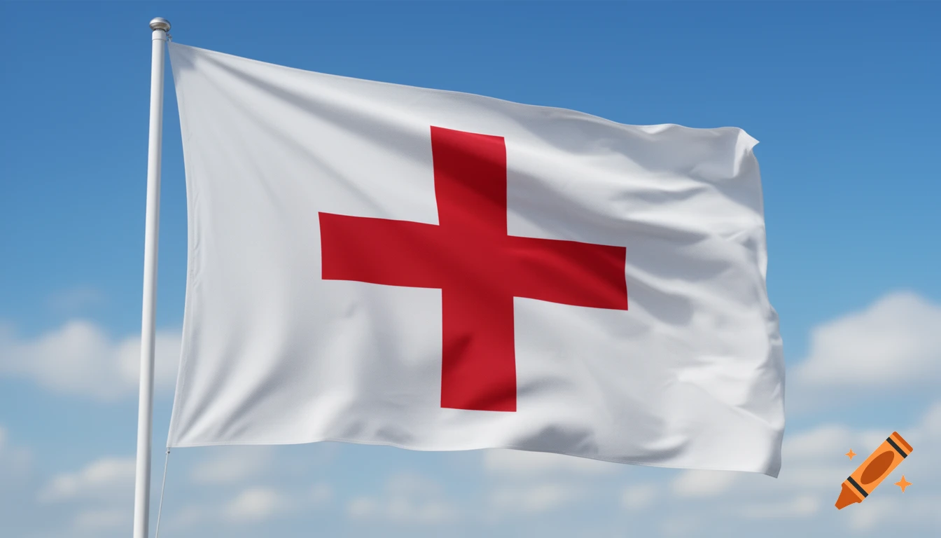 A white flag with a large red cross, flying against a blue sky with soft clouds.