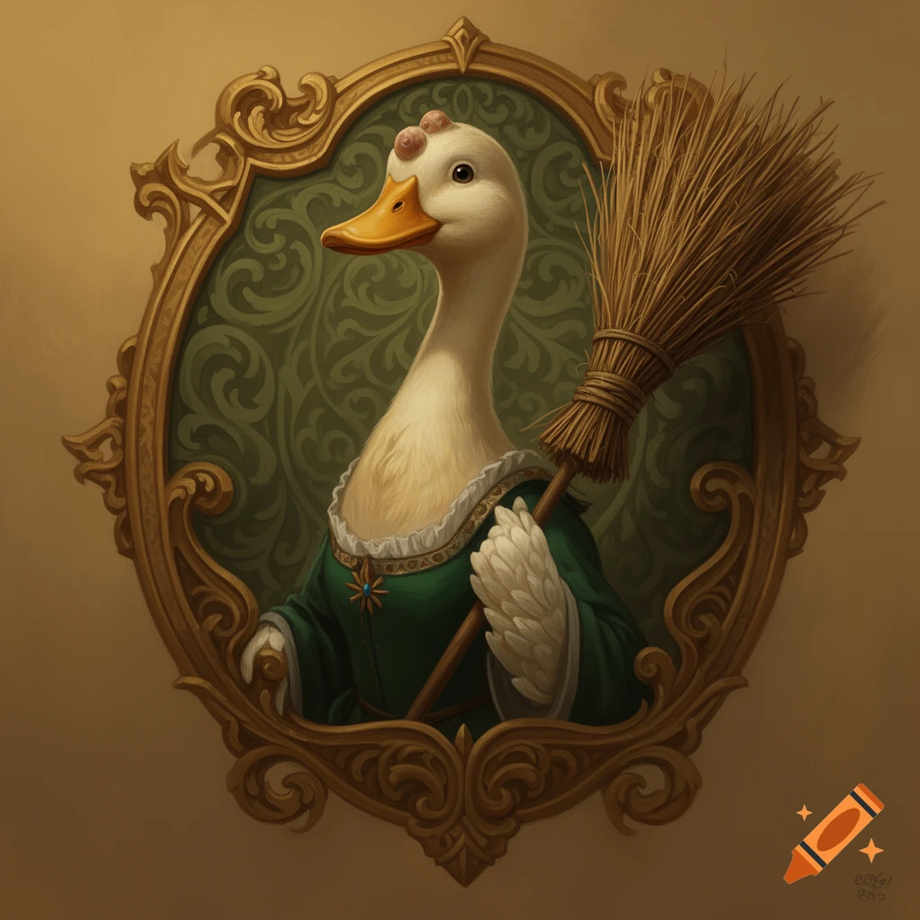Anthropomorphic duck in a green dress with a ruffled collar, holding a broom, depicted in an ornate golden framed portrait.