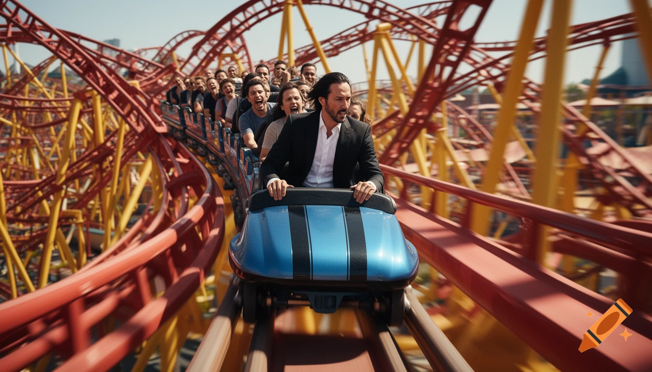 Keanu Reeves, dressed as John Wick, rides the front car of a red and yellow roller coaster with other screaming passengers, photorealistic.