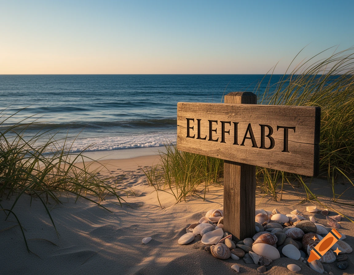 A wooden sign with 'ELEFIABT' carved into it stands on a sandy beach amidst seashells and grass, with the ocean under a clear sky.