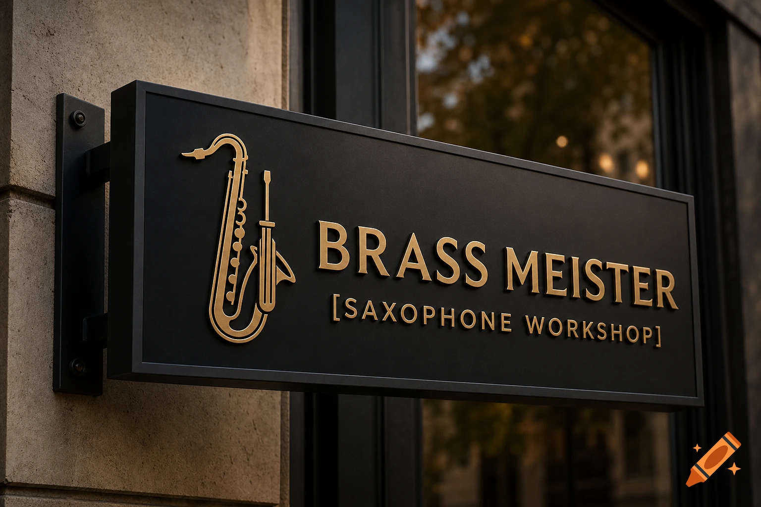 A photorealistic black signboard with golden raised letters "BRASS MEISTER [SAXOPHONE WORKSHOP]" and a saxophone logo, mounted on a stone wall.