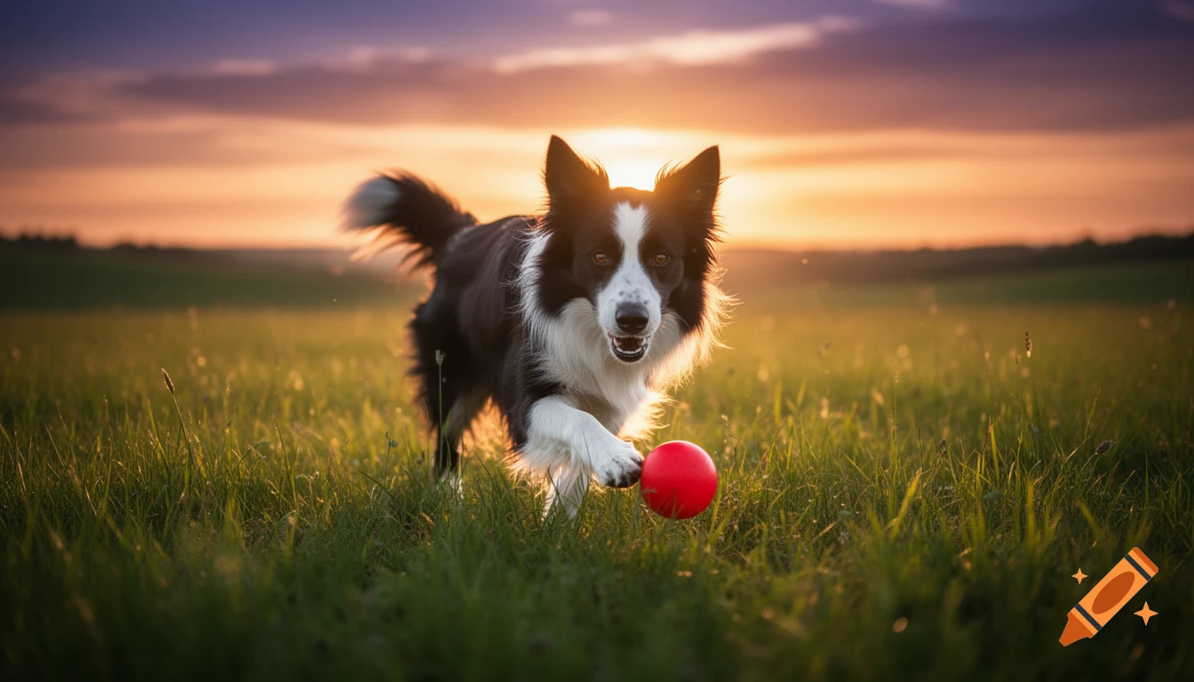 A black and white Border Collie runs through a lush green meadow with a red ball during a golden hour sunset, dramatically backlit.