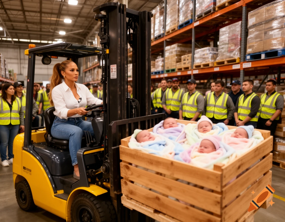 Jennifer Lopez drives a yellow forklift carrying a wooden crate filled with swaddled babies through a warehouse watched by workers.