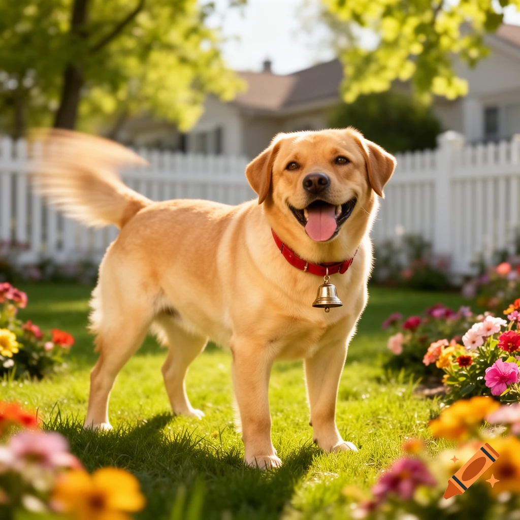 A happy golden Labrador dog with a red collar and bell wags its tail in a sunny garden with colorful flowers and a picket fence.