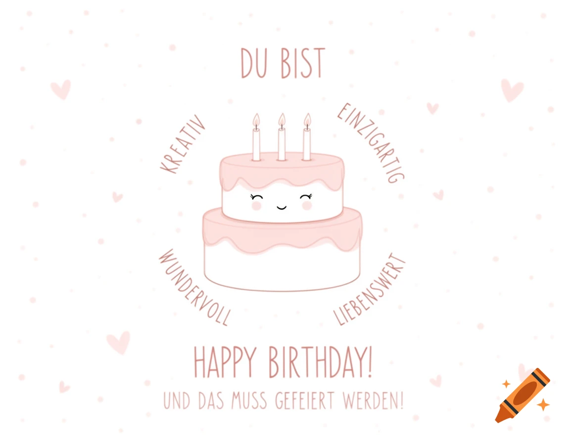 A cute, minimalist pink birthday card illustration featuring a two-tier cake with a smiling face and candles, surrounded by German text and small hearts, wishing 'Happy Birthday!'