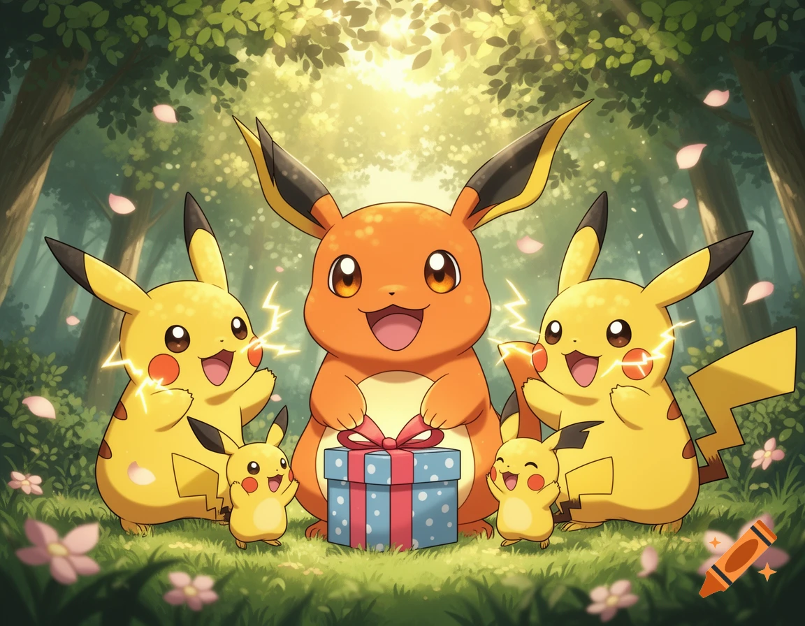 An orange creature opening a gift, flanked by two Pikachus and two Pichus, in a sunlit forest.