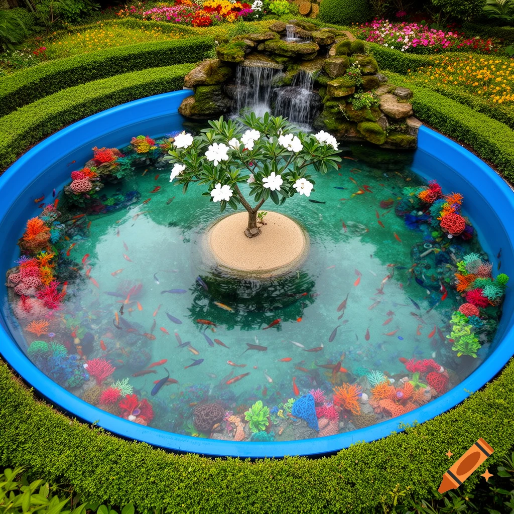 An overhead view of a beautiful garden pond with a blue rim, clear water, colorful fish, artificial coral, and a central island with a flowering tree. A small waterfall flows into the pond from mossy rocks, surrounded by lush green hedges and vibrant flowers.
