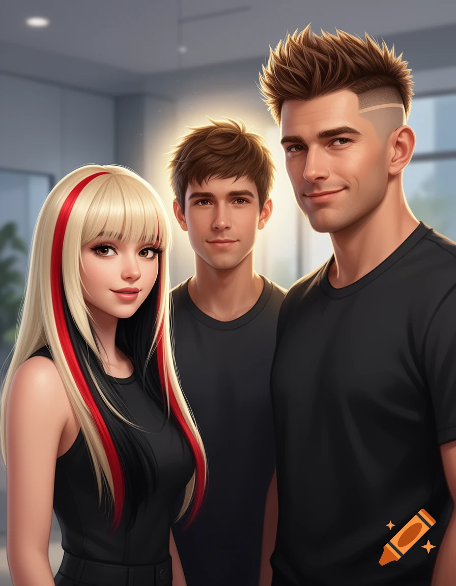Animated portrait of three siblings: a blonde girl with red and black streaks, a young man with short brown hair, and an older man with spiky brown hair and shaved sides, all in black shirts.