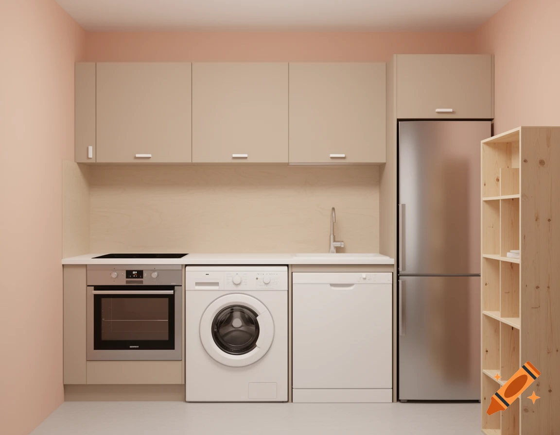 Photorealistic small Scandinavian kitchen with peach walls, beige cabinets, modern appliances, and a light pine shelving unit.