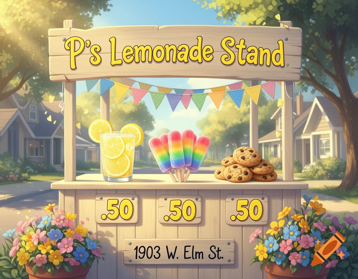 A colorful cartoon lemonade stand with a 'P's Lemonade Stand' sign, offering lemonade, rainbow popsicles, and cookies for .50 each, set on a sunny street.