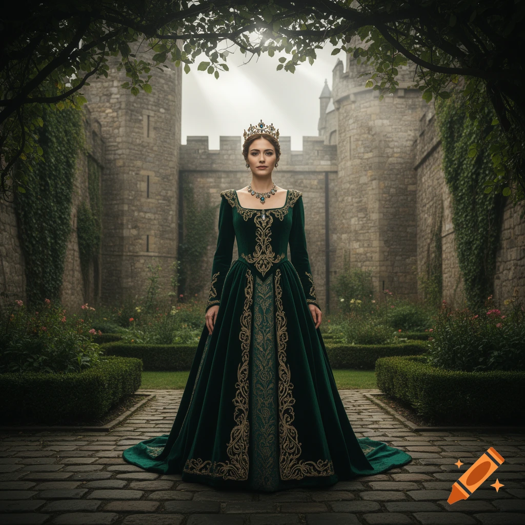 A regal queen in an emerald green velvet gown and crown stands in a lush castle courtyard with stone walls and dappled light.