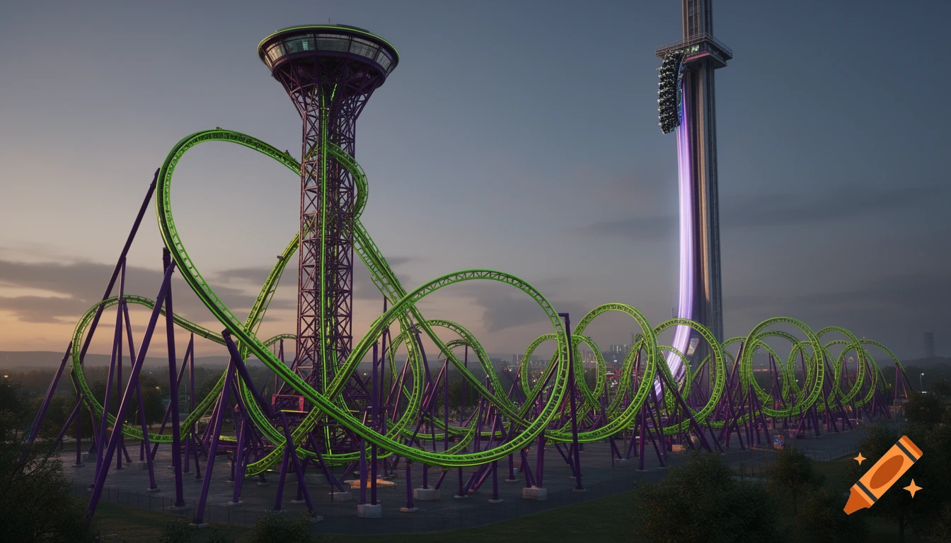 Photorealistic rendering of a massive, extreme inverted roller coaster with neon green tracks and purple supports, alongside a tall vertical drop tower, at dusk.
