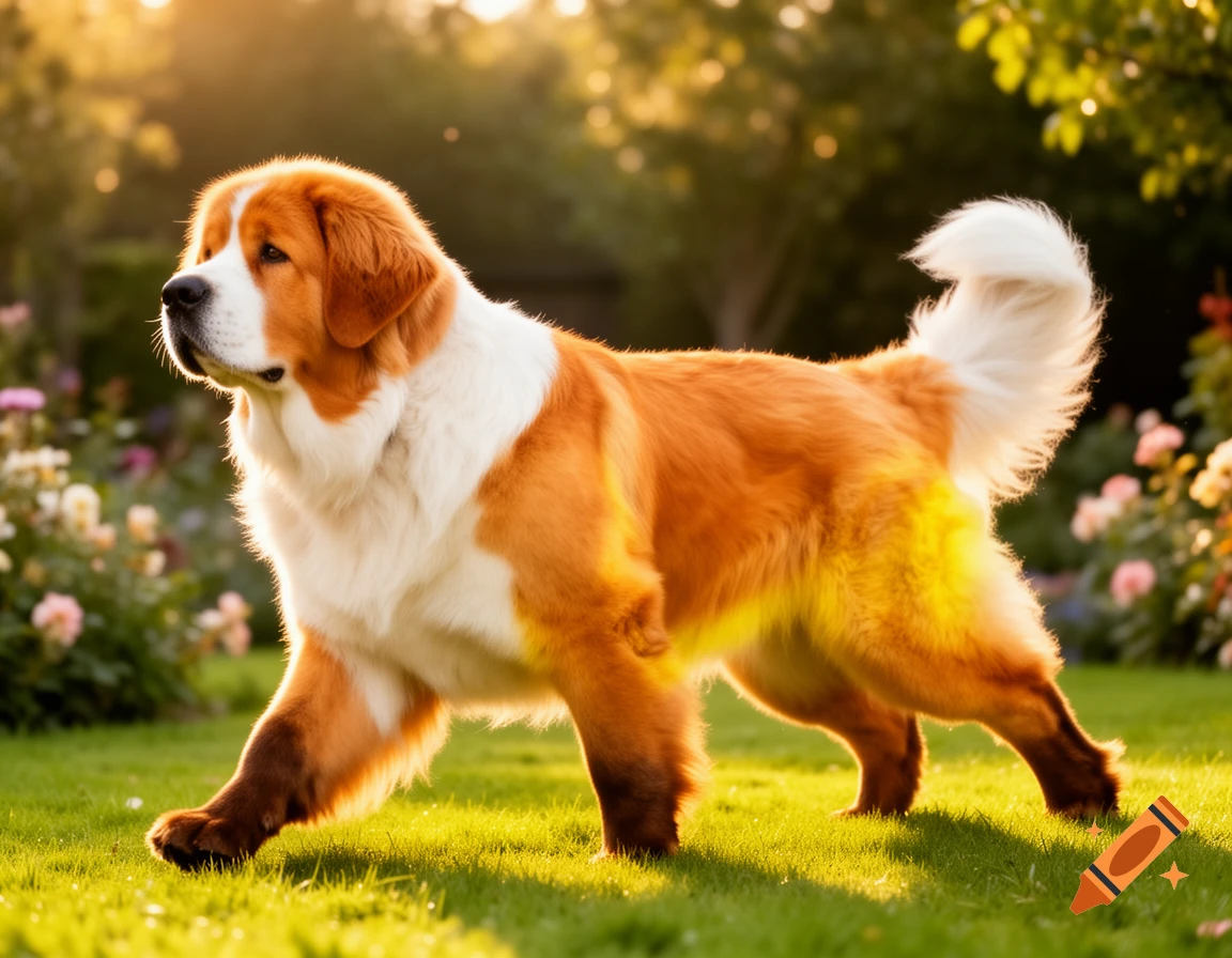 An orange and white Newfoundland dog with brown paws stands in a sunlit green garden with flowers.