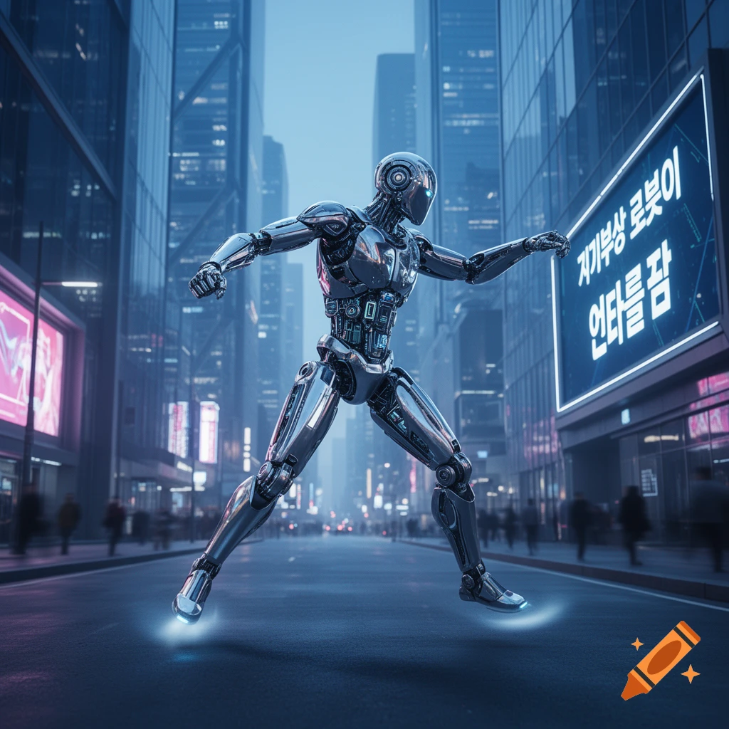 A sleek metallic humanoid robot with glowing feet floats in a futuristic city street at dusk, posing in front of a large billboard displaying Korean text.