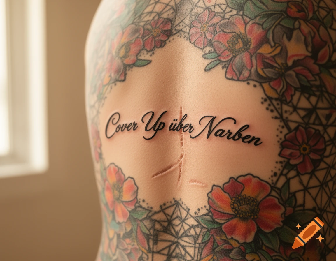 A person's back covered in a colorful floral tattoo with the text 'Cover Up über Narben' and visible scars.