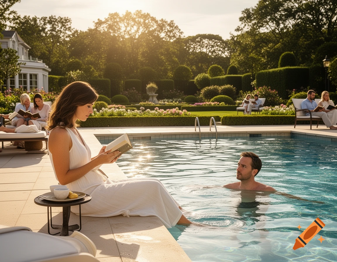 A woman in a white dress reads by a pool while a man watches her from the water in a sunny luxury resort garden.