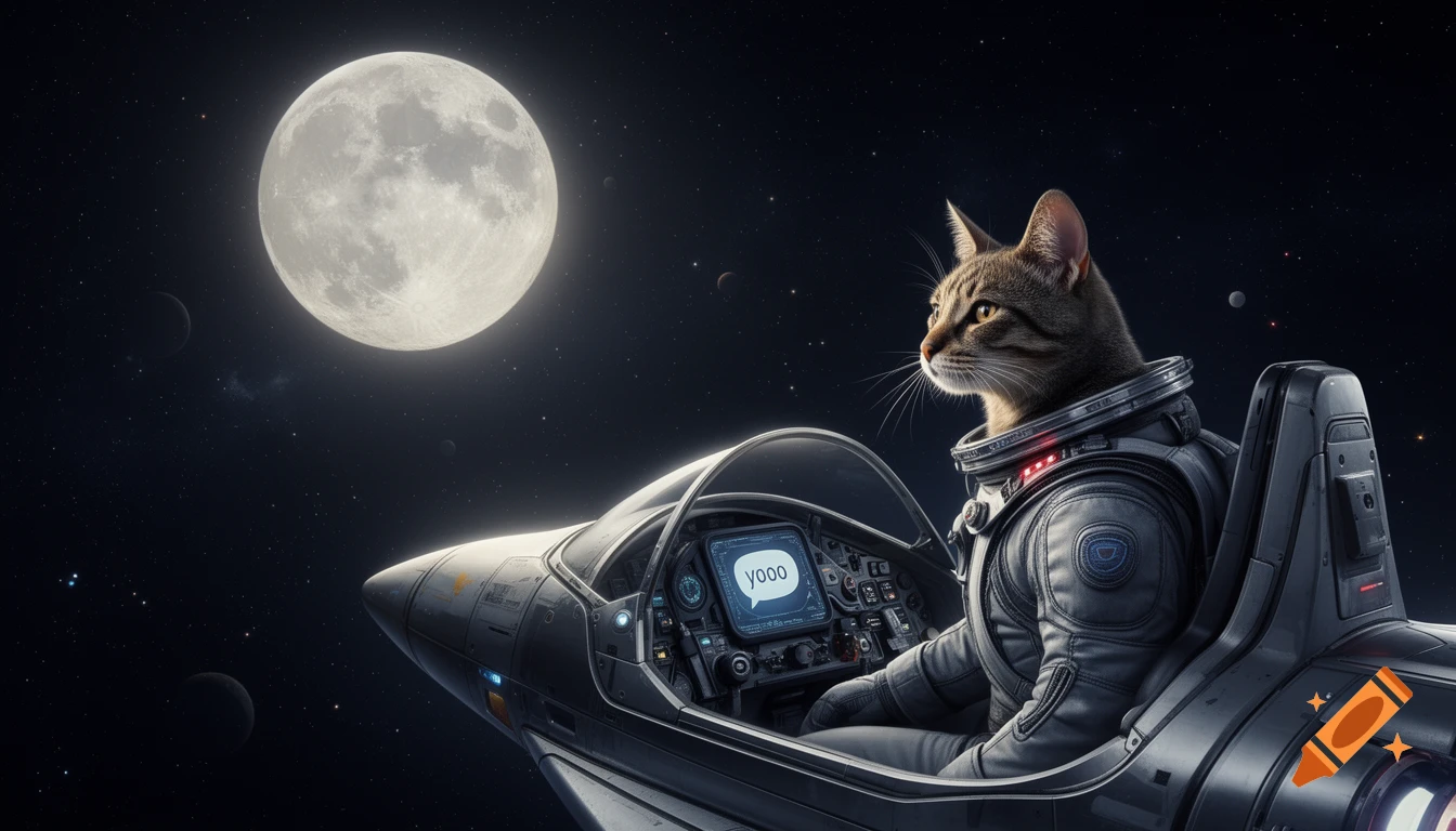 A photorealistic cat in an astronaut suit sits in a spaceship cockpit, looking at a huge moon in space. The ship's screen displays 'yooo'.