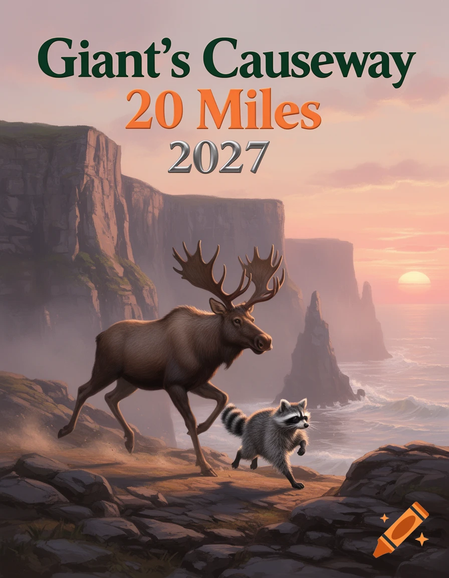A moose and a raccoon run by coastal cliffs at sunrise with "Giant's Causeway 20 Miles 2027" text.