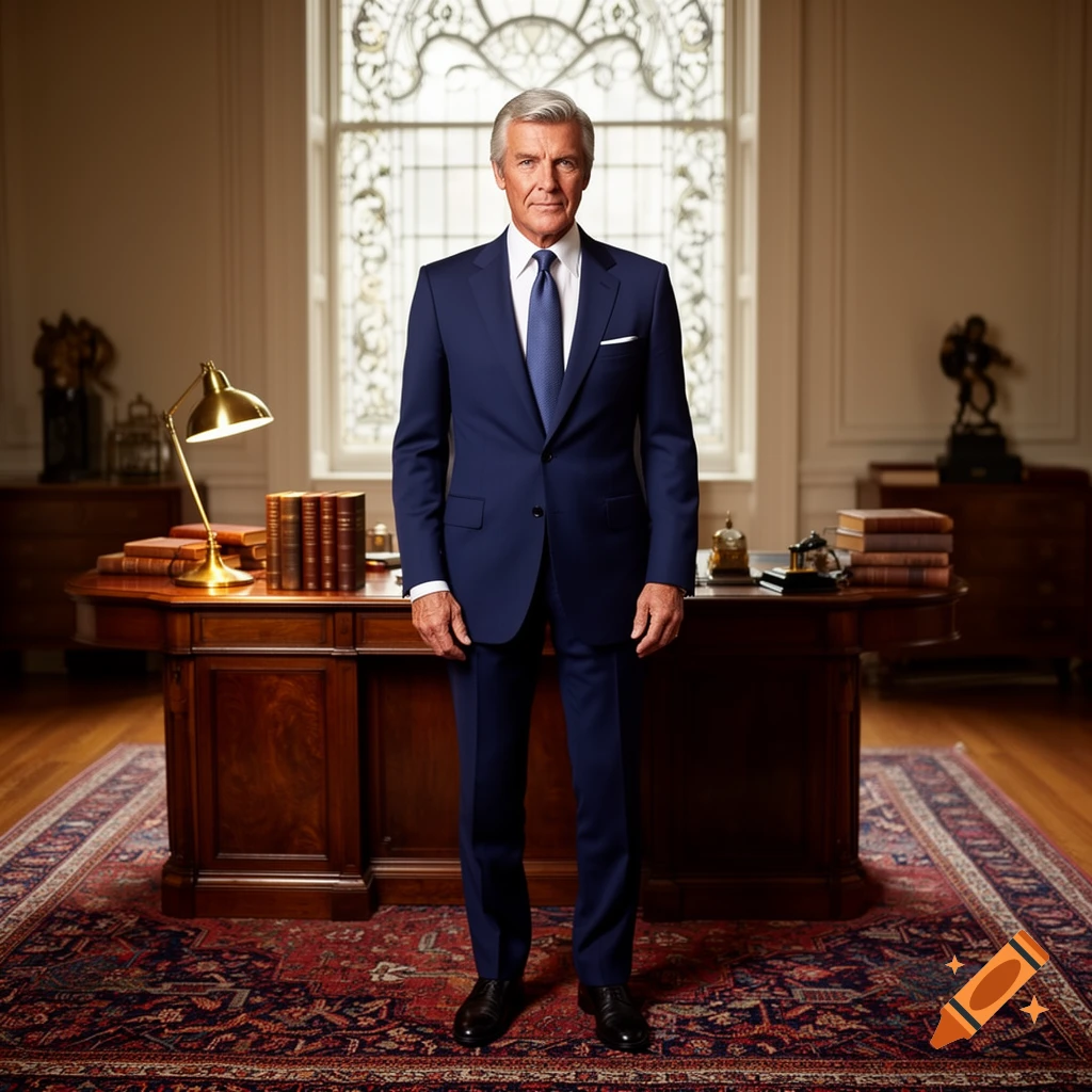 Photorealistic full-length portrait of a distinguished older man in a blue suit, standing in an elegant office with a large window.
