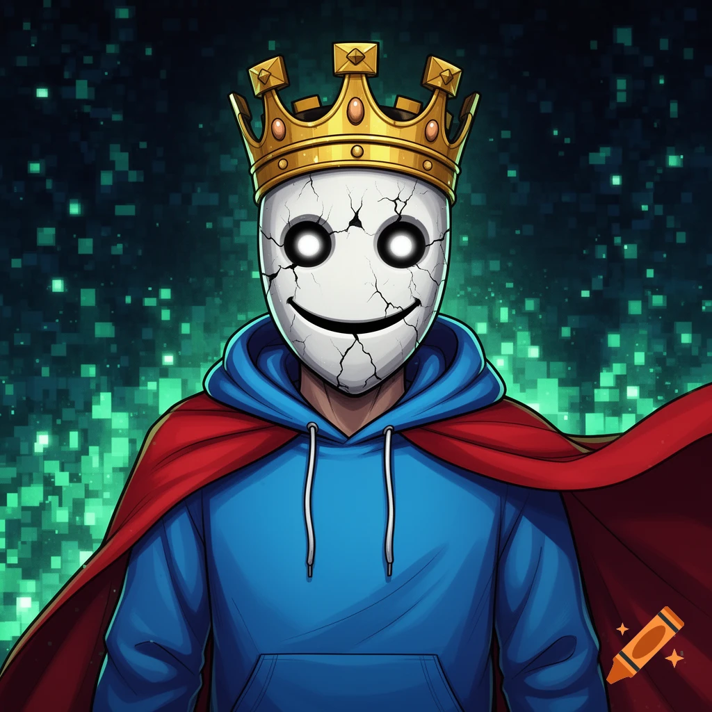 A masked character with glowing eyes, wearing a golden crown, a red cape, and a blue hoodie, against a pixelated green background in a gaming style.