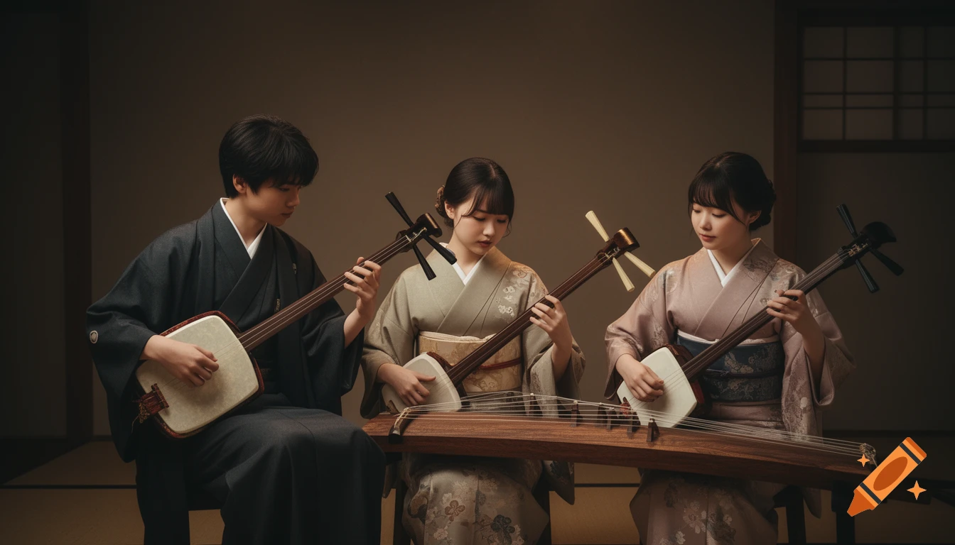 A young man and two women in kimonos play traditional Japanese shamisen and koto instruments in a warmly lit room.