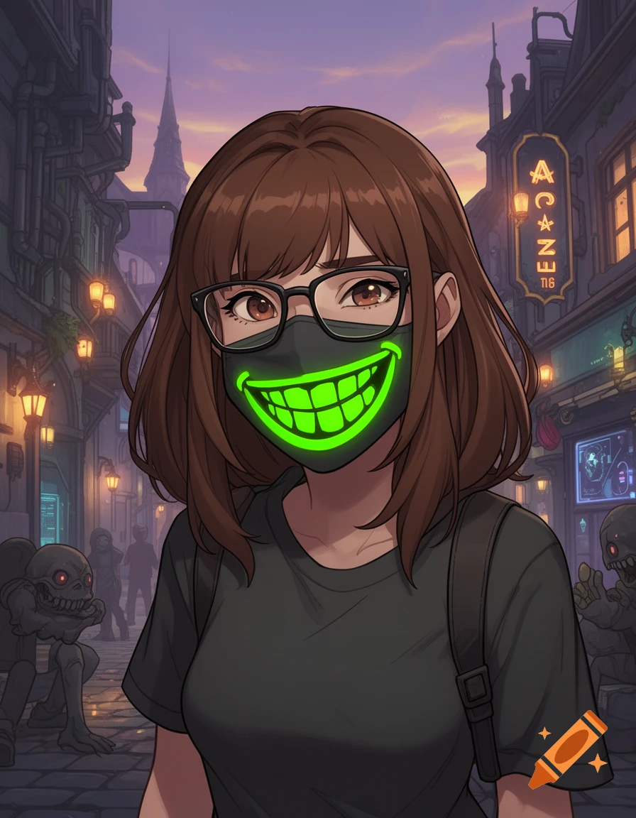 An anime girl with brown hair, glasses, and a black mask with a neon green grin stands in a dark, cyberpunk-style city street with glowing signs.
