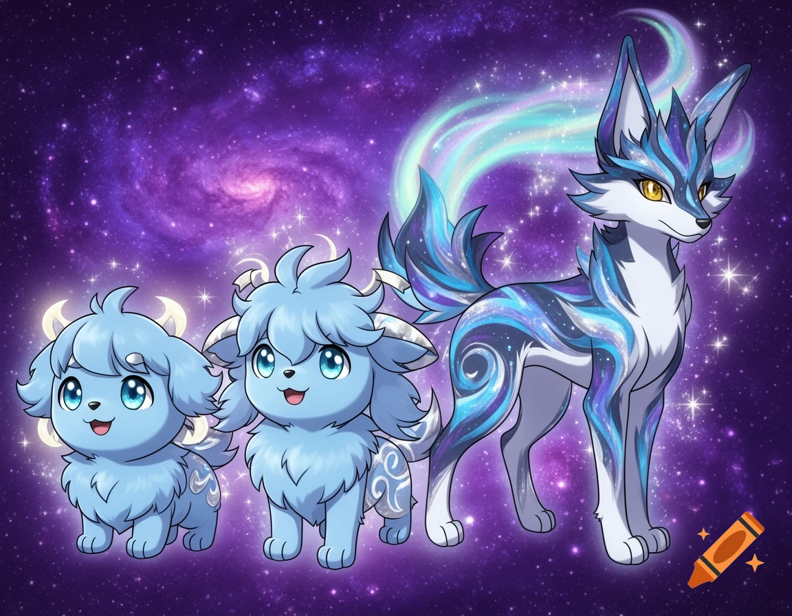 Three evolving blue fluffy cosmic Pokémon-like creatures against a starry galaxy background in an anime style.